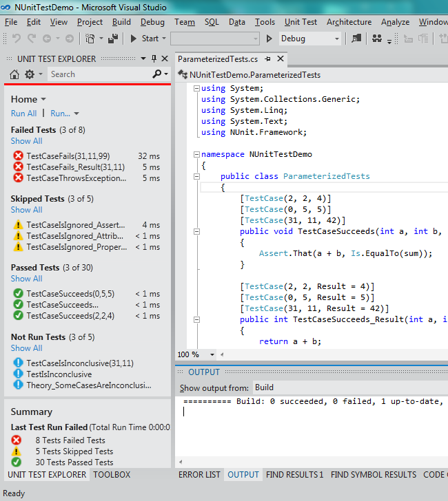 The unit test explorer window within Visual Studio